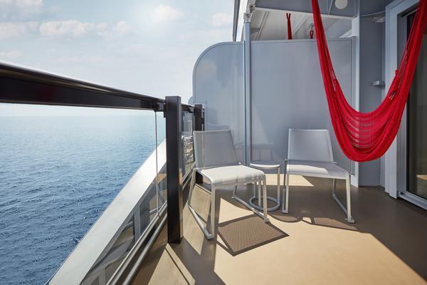 Virgin Voyages Sea Terrace Cabin with Red Hammock